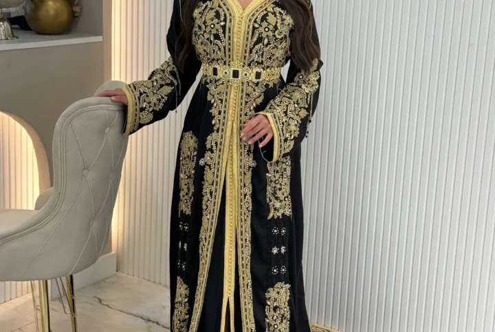 Luxurious Black Velvet Embroidered Kaftan Handmade with Intricate Embroidery
