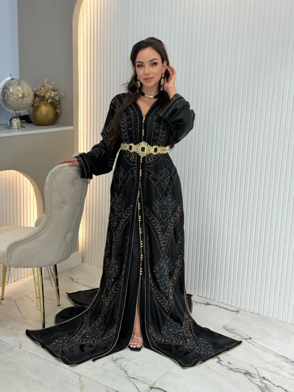 Luxurious Black Velvet Kaftan with Kora Dabka