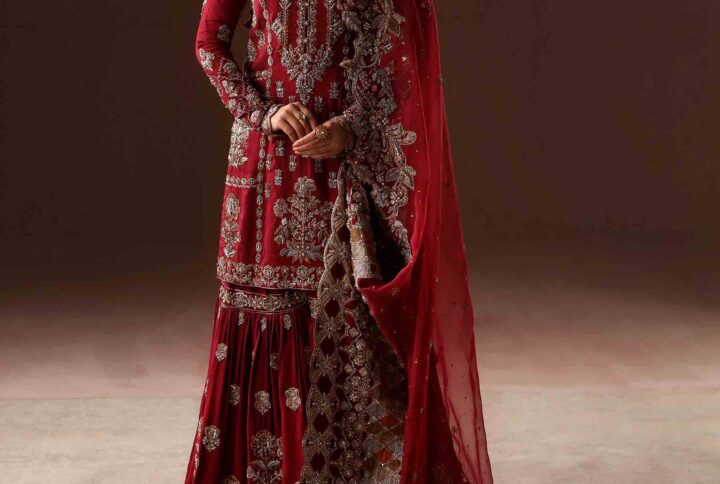 Deep red bridal gharara