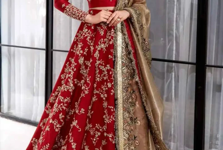 Red Lehenga Choli Set with Zardozi, Pearls, and Sequins, Paired with Gold Tissue Dupatta