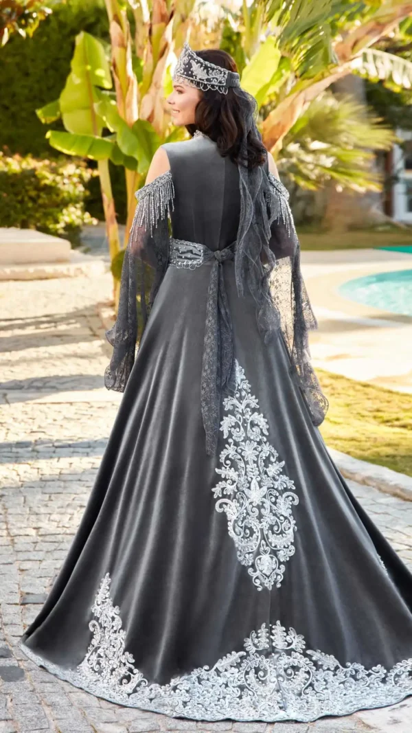 Grey Bridal Kaftan with intricate embroidery and long tail