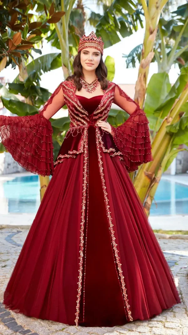 Red Turkish Gown with Frill Sleeves