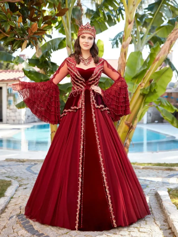 Elegant Henna Red Turkish Gown Night Party Gown
