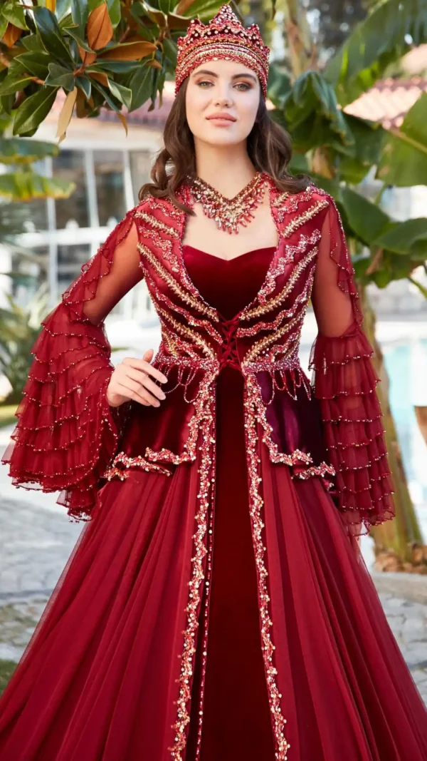 Red Turkish Gown with Frill Sleeves