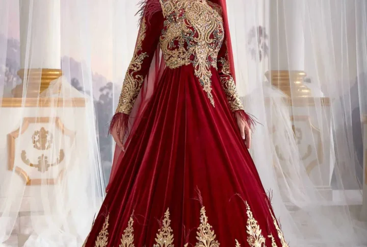 Turkish Red Embroidered Caftan Set with Handmade Gold Embroidery, Necklace & Crown Included