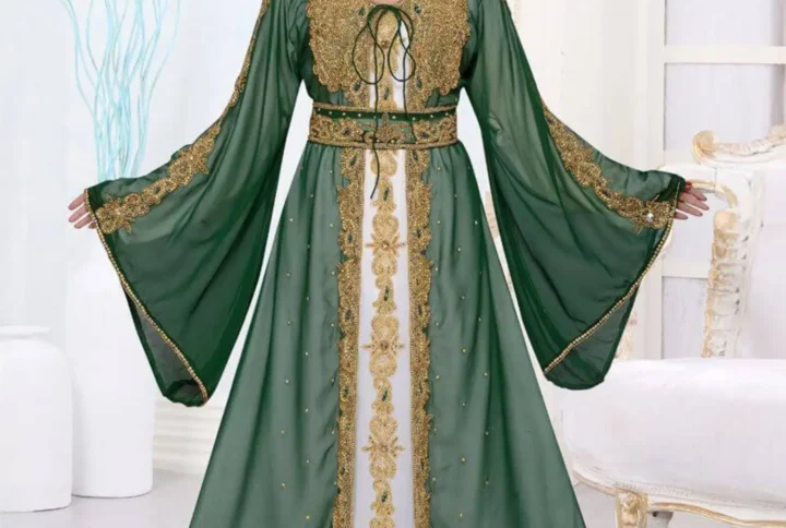 Luxury Kaftan for Weddings in Dark Green and Off-White with Zari Work