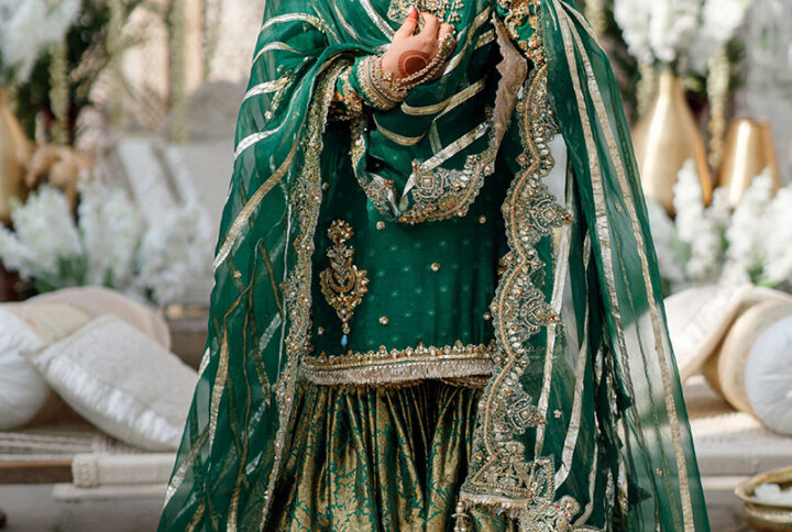Three-piece emerald green bridal gharara set