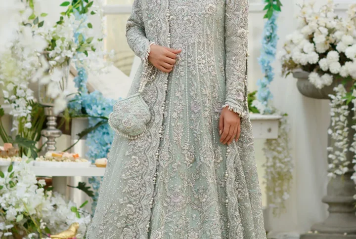 Aqua Bridal Kallidaar with Swarovski diamonds and banarsi lehenga.