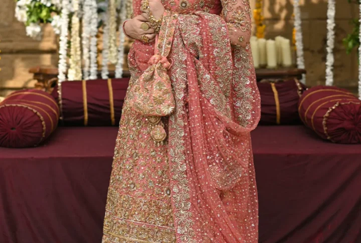 Pink Bridal Lehenga with handcrafted net shirt and jamawar farshi lehenga.