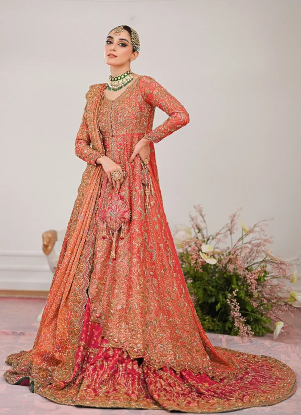 Coral Bridal Lehenga Kalidaar Shirt with Farshi Lehnga