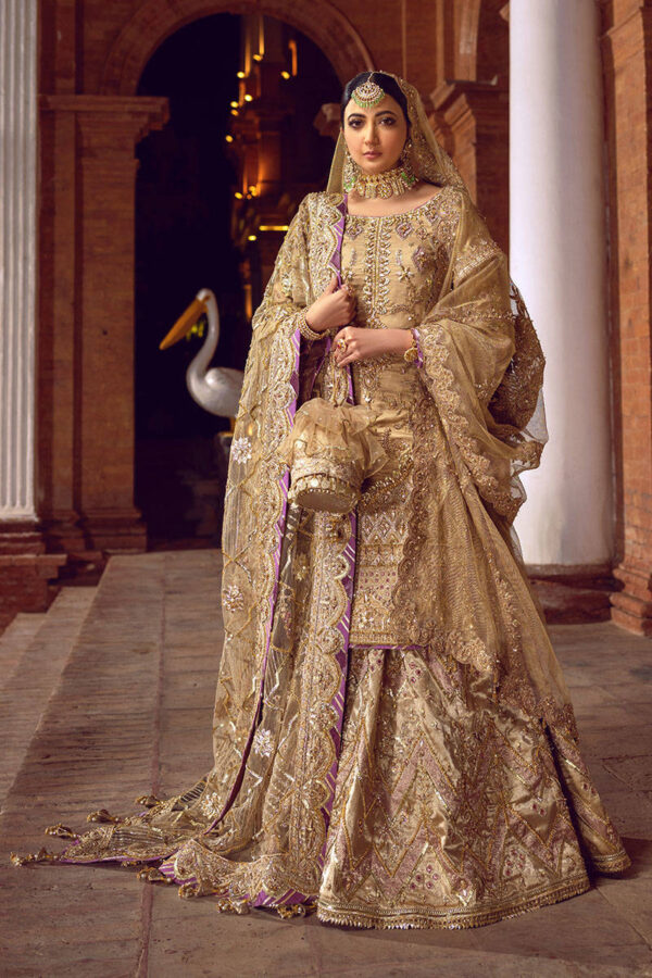 Gold and Lavender Raw Silk Kameez with Tissue Sharara