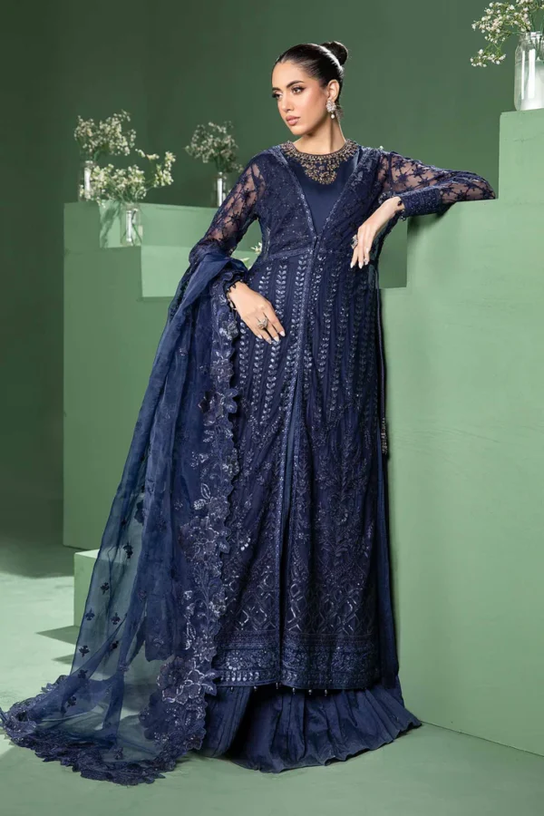 Blue Net Shirt with Satin Trousers and Organza Dupatta