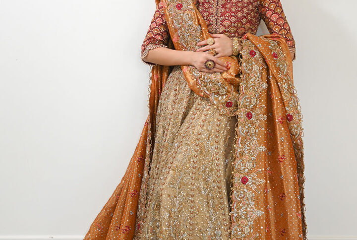 Red Choli and Golden Lehenga with Handwork
