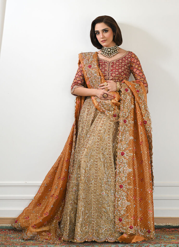 Red Choli and Golden Lehenga with Handwork