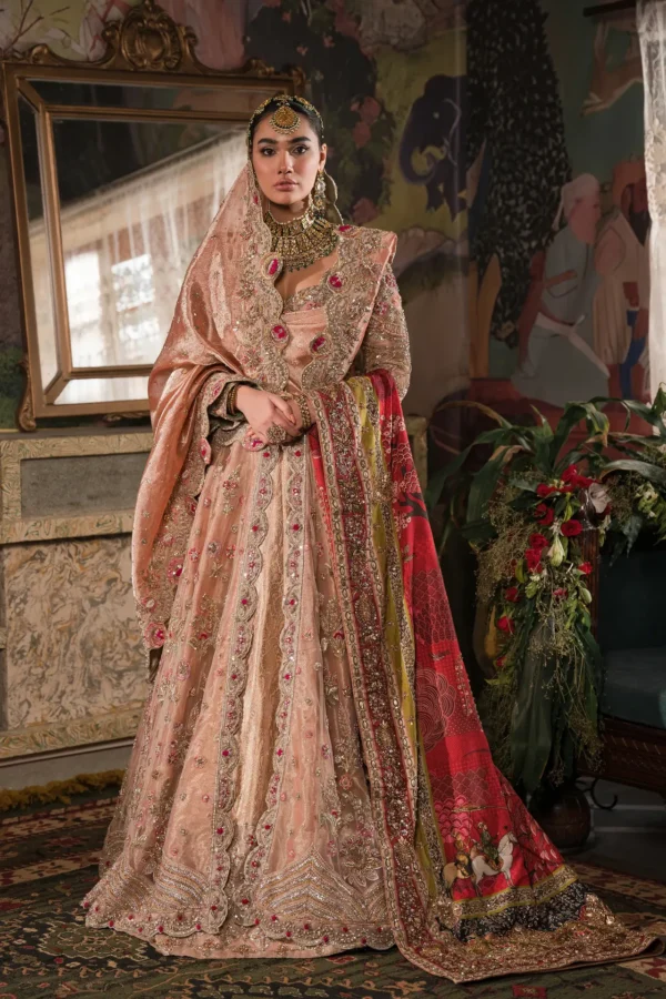 Coral Barat Bridal Dress  Zardozi Work with Peach Tissue Dupatta