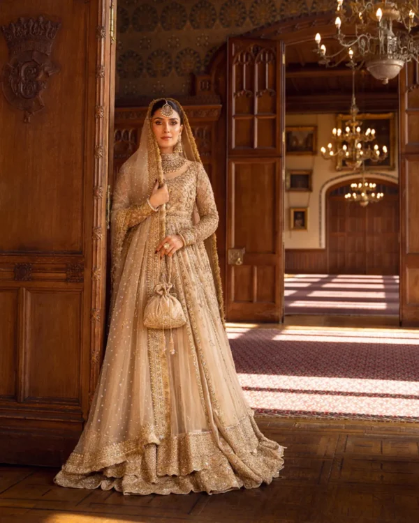 Gold Net Pishwas Hand Embellished with Dupatta and Sleeves