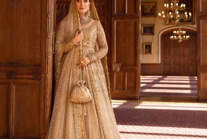 Gold Net Pishwas with hand-embellished front and back.