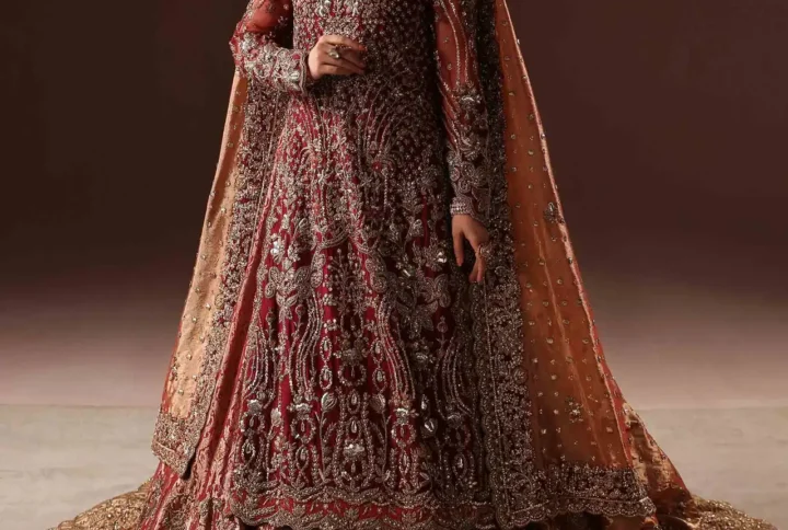 Red Bridal Lehenga with intricate mukesh and zardozi work.