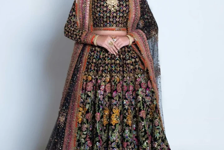 "Black Silk Lehenga Choli with Crystal Embellishments and Zari Work"